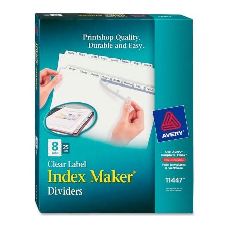 Avery Dennison Avery Index Maker Clear Label Divider, Punched, 8.5"x11", 8 Tabs, 25 Sets, White/White 11447